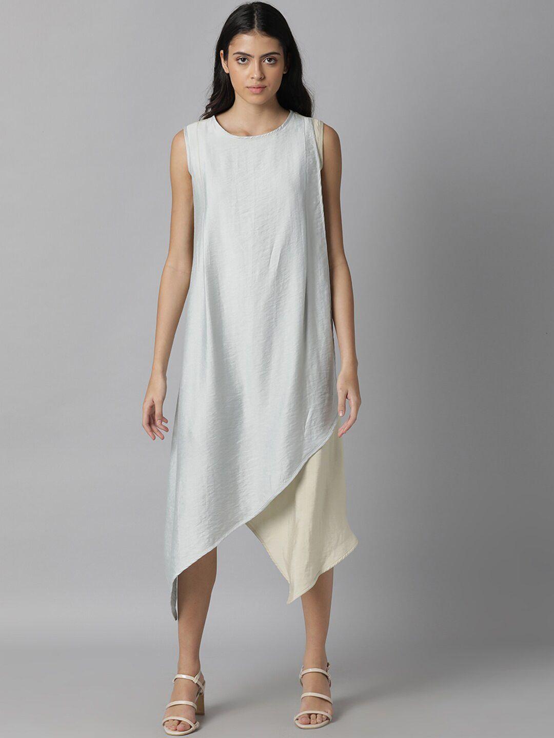 rareism women blue & cream-coloured layered a-line midi dress