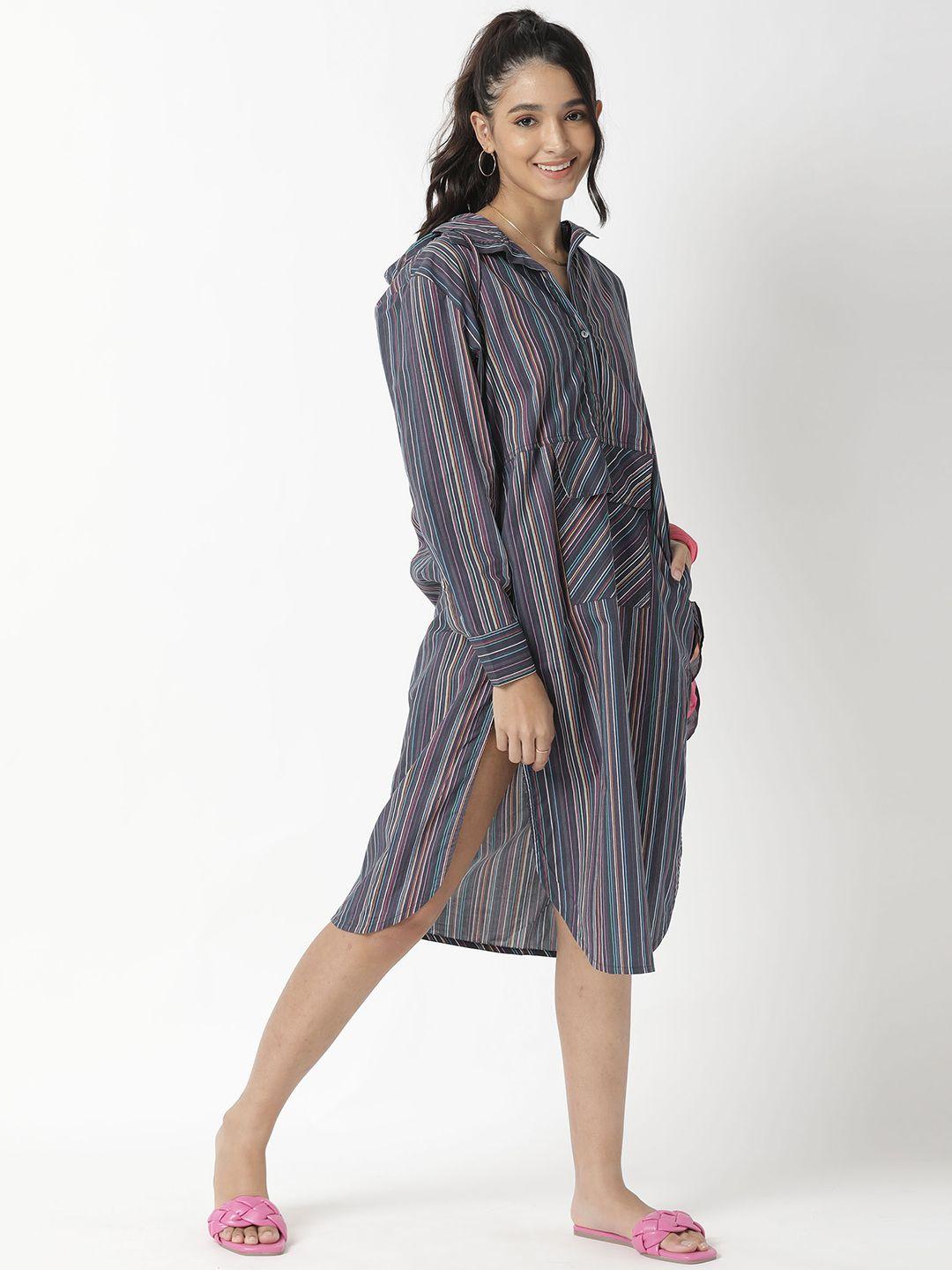 rareism women black & pink striped hooded cotton shirt midi dress