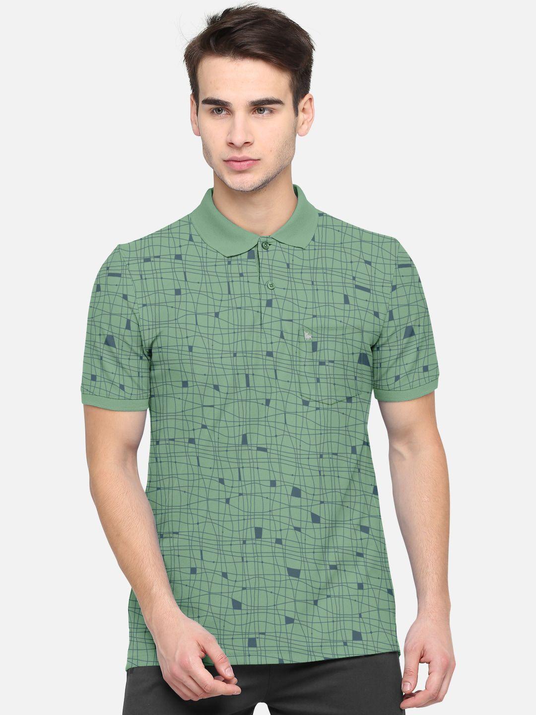 bullmer men green & navy blue printed polo collar bio finish pocket cotton t-shirt