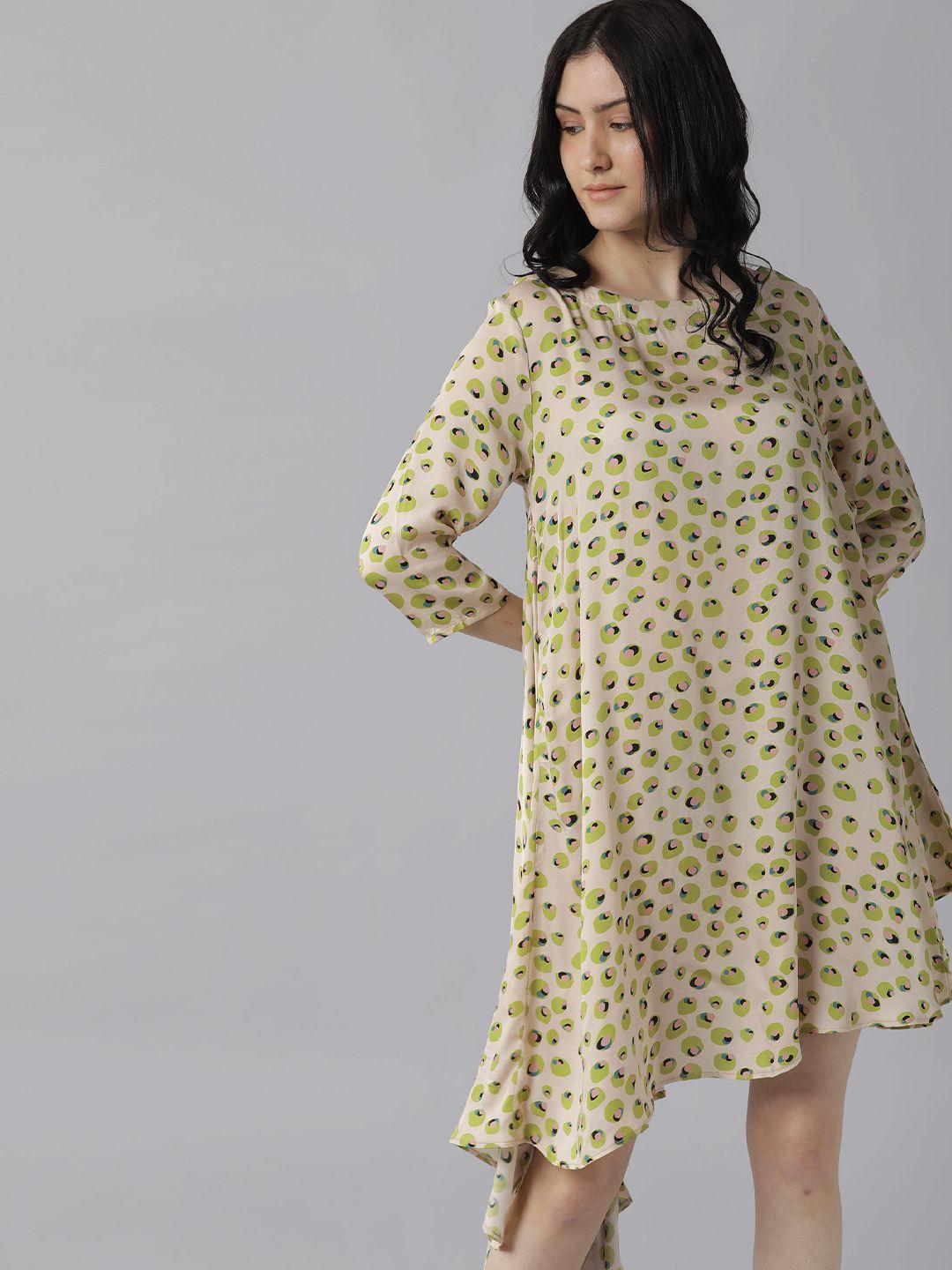 rareism beige & green a-line dress