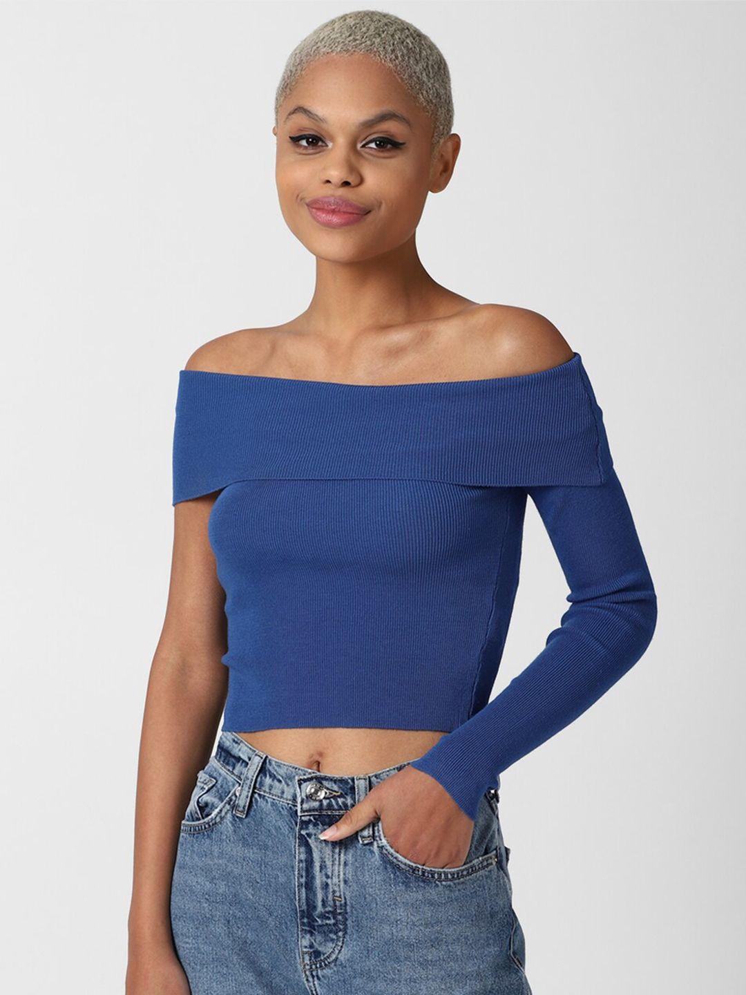 forever 21 blue solid off-shoulder blouson crop top