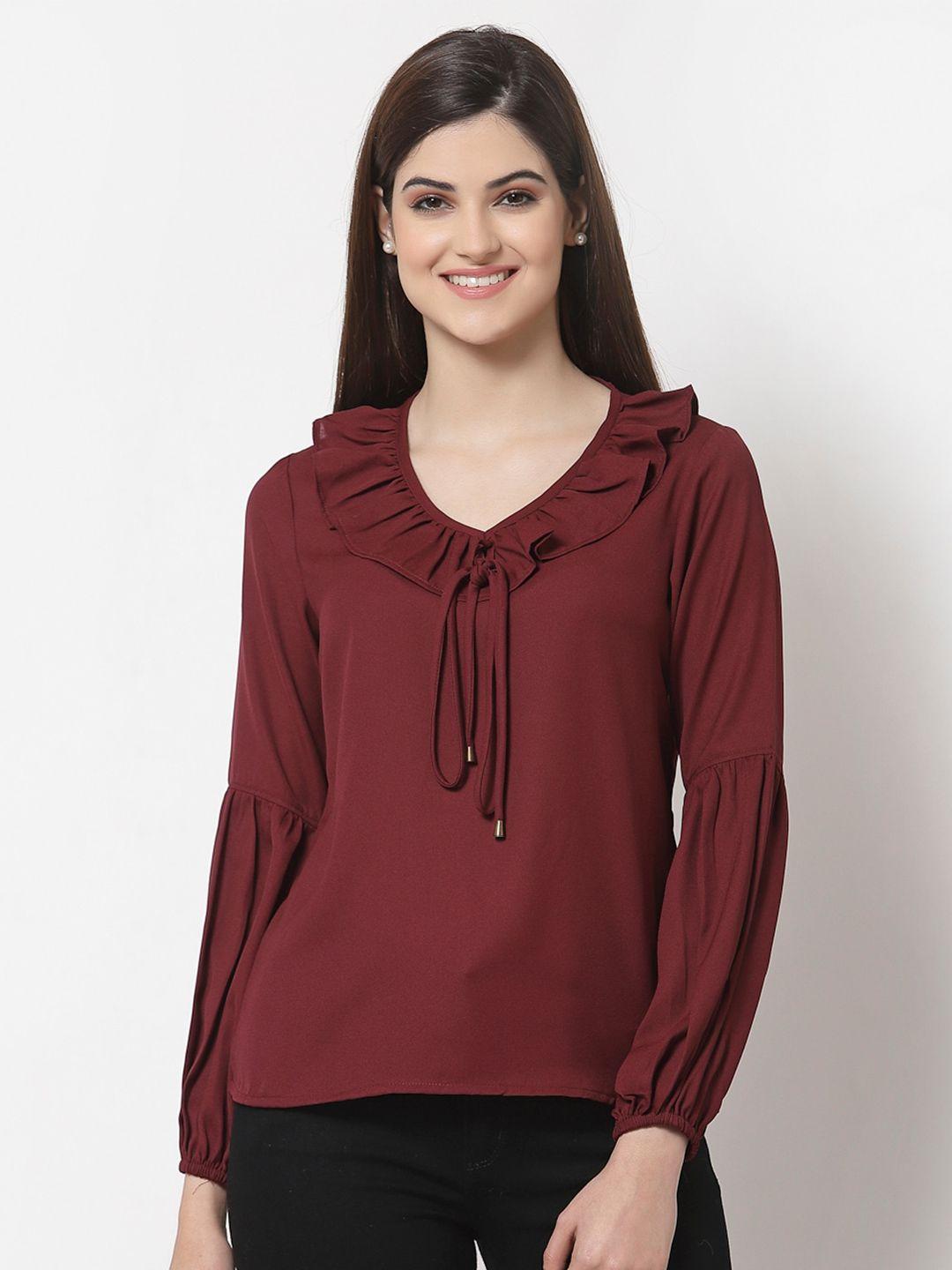 style quotient maroon crepe solid blouson top