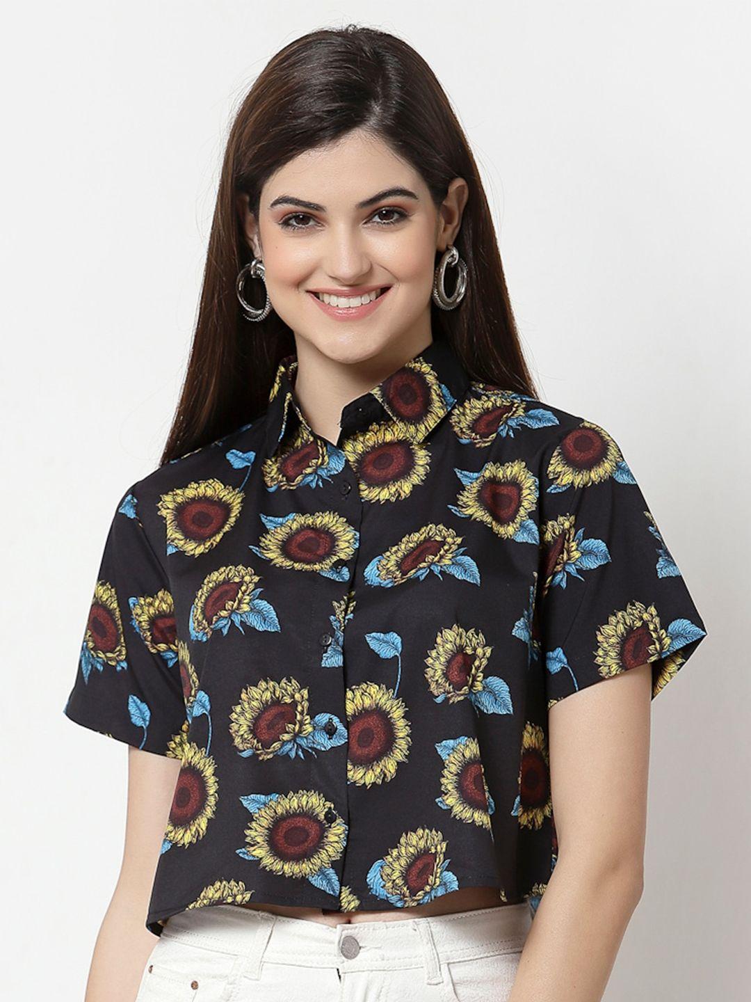 style quotient women black comfort boxy floral printed crop casual shirt