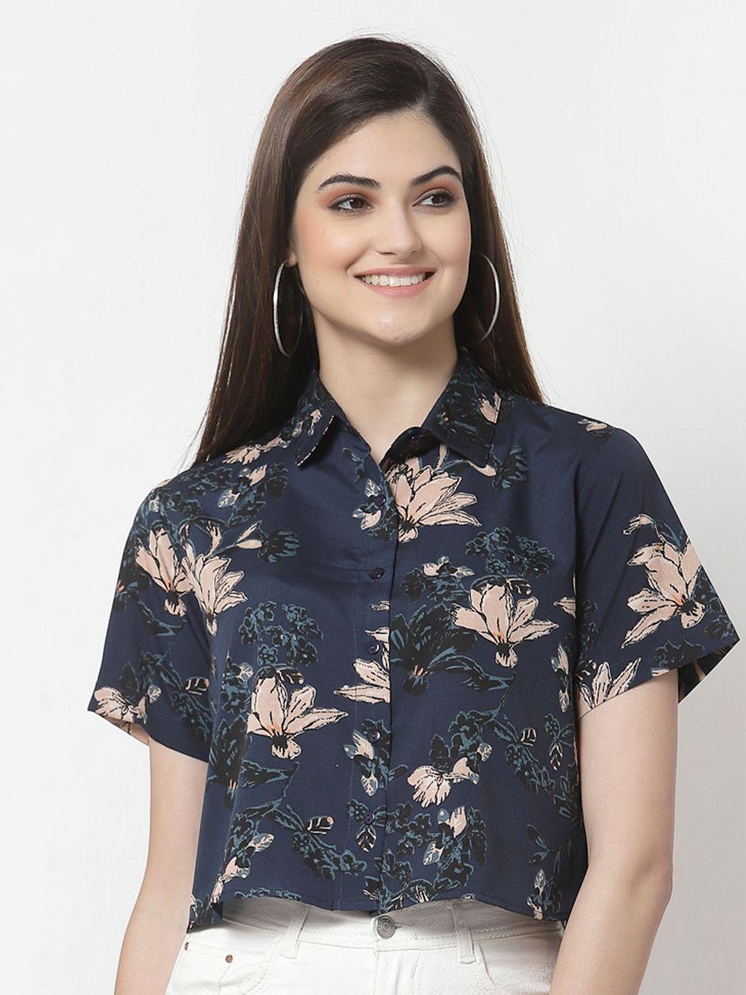 style quotient women navy blue comfort boxy floral printed casual shirt