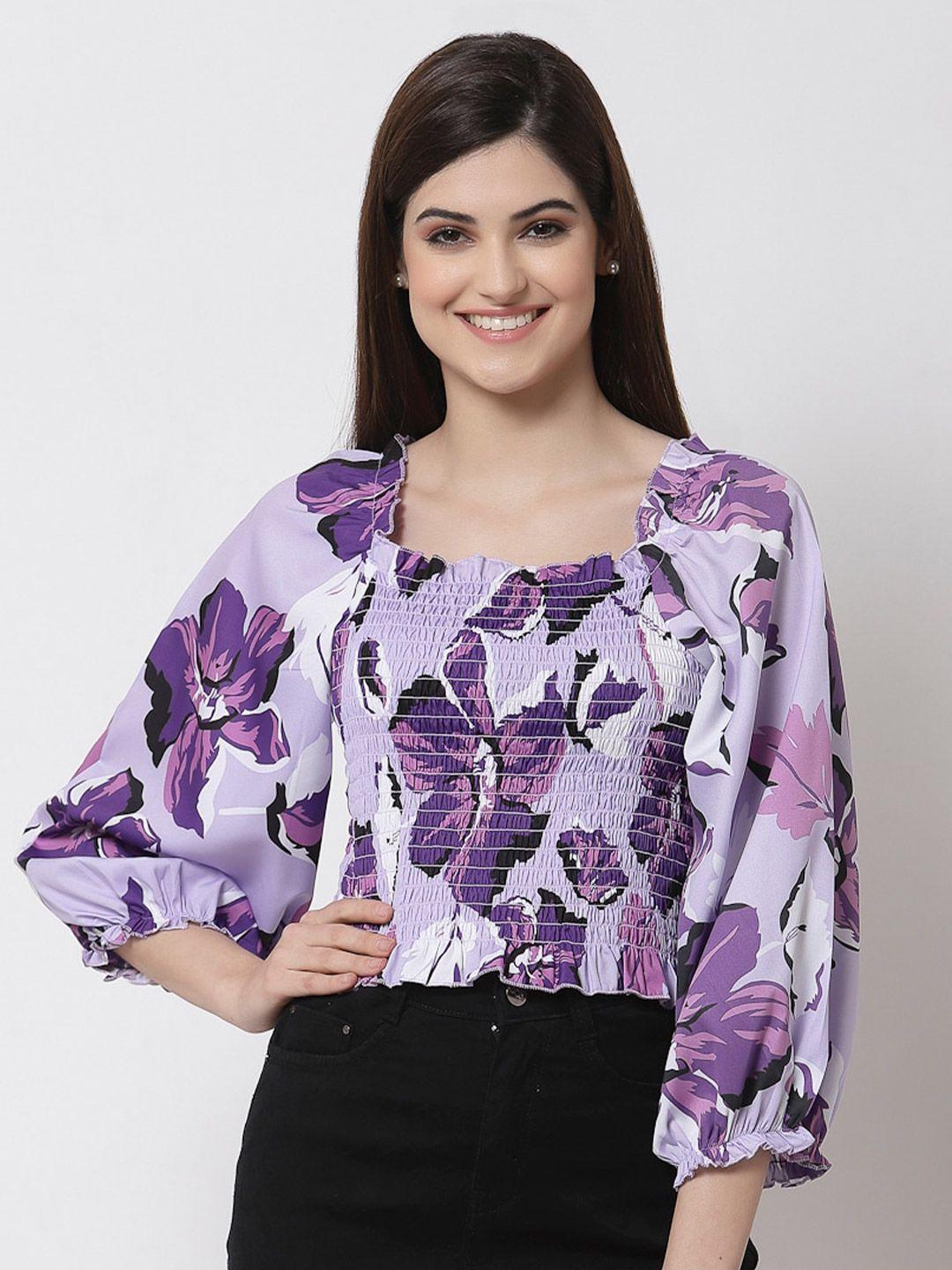 style quotient lavender floral print smocked crepe crop top