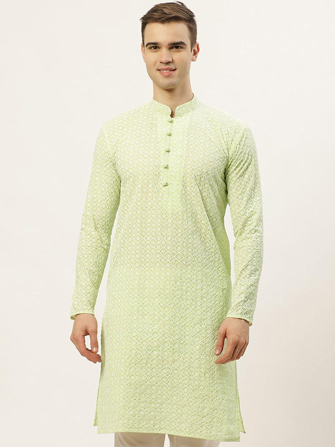 jompers men green & white embroidered straight pure cotton kurta