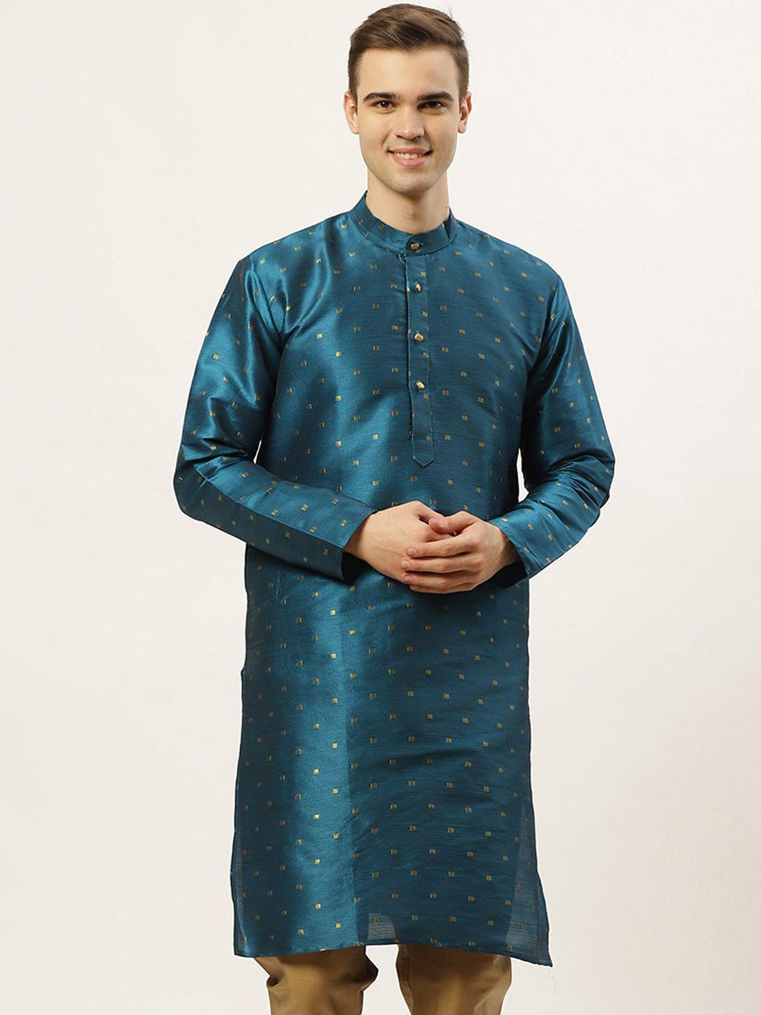 jompers men teal woven design kurta