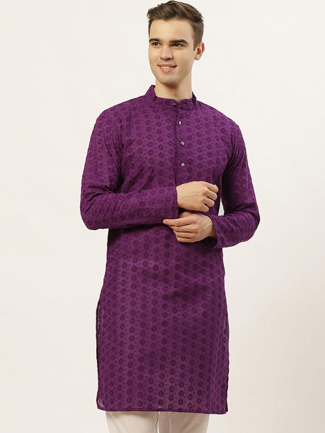 jompers men purple floral embroidered thread work pure cotton kurta