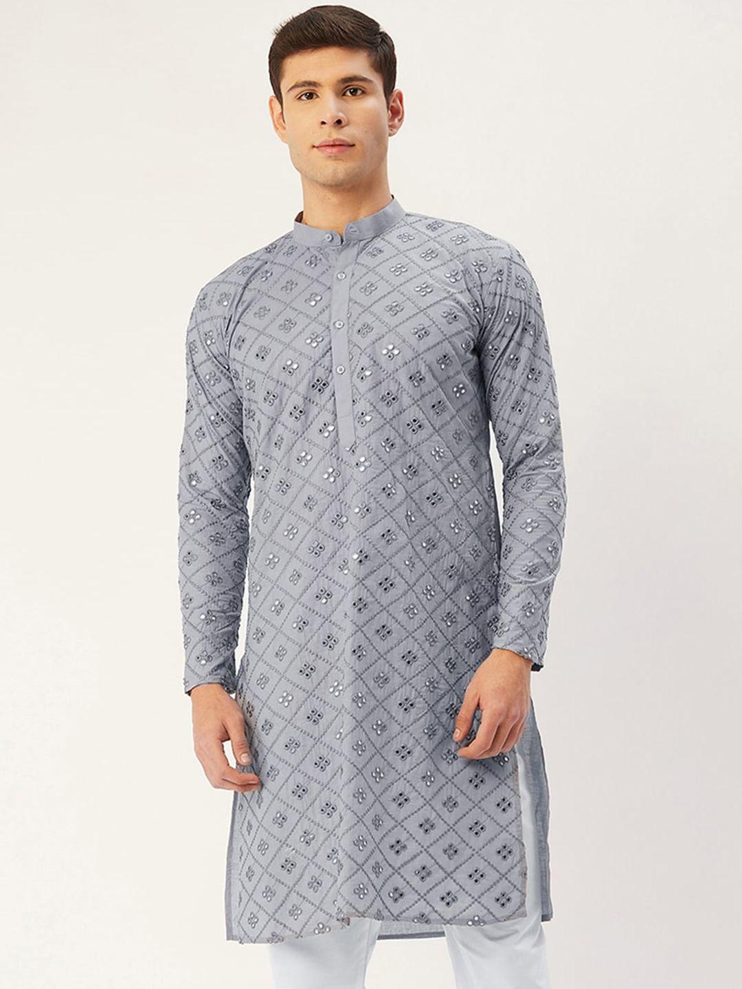 jompers men grey ethnic motifs embroidered thread work kurta