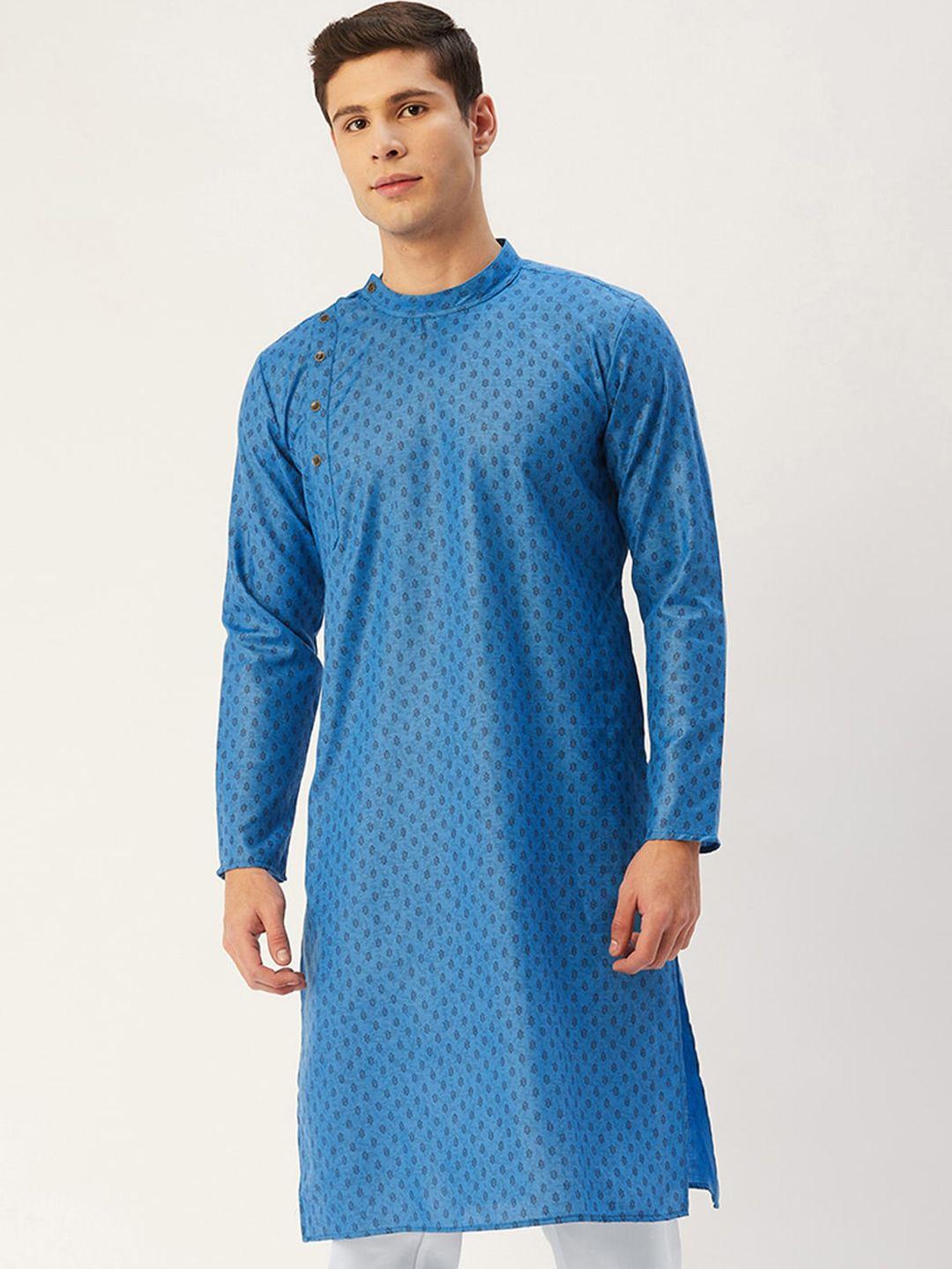 jompers men blue ethnic motifs printed cotton kurta