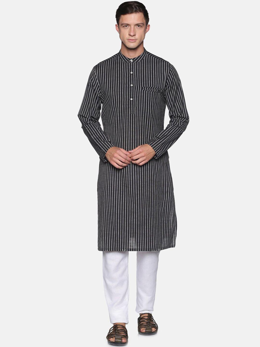 saffron threads men black striped cotton kurta