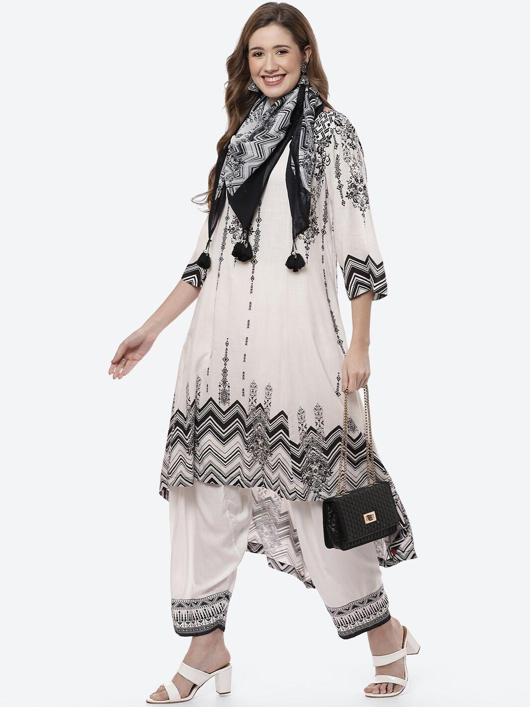 biba women white & black ethnic motifs printed kurta with patiala & dupatta