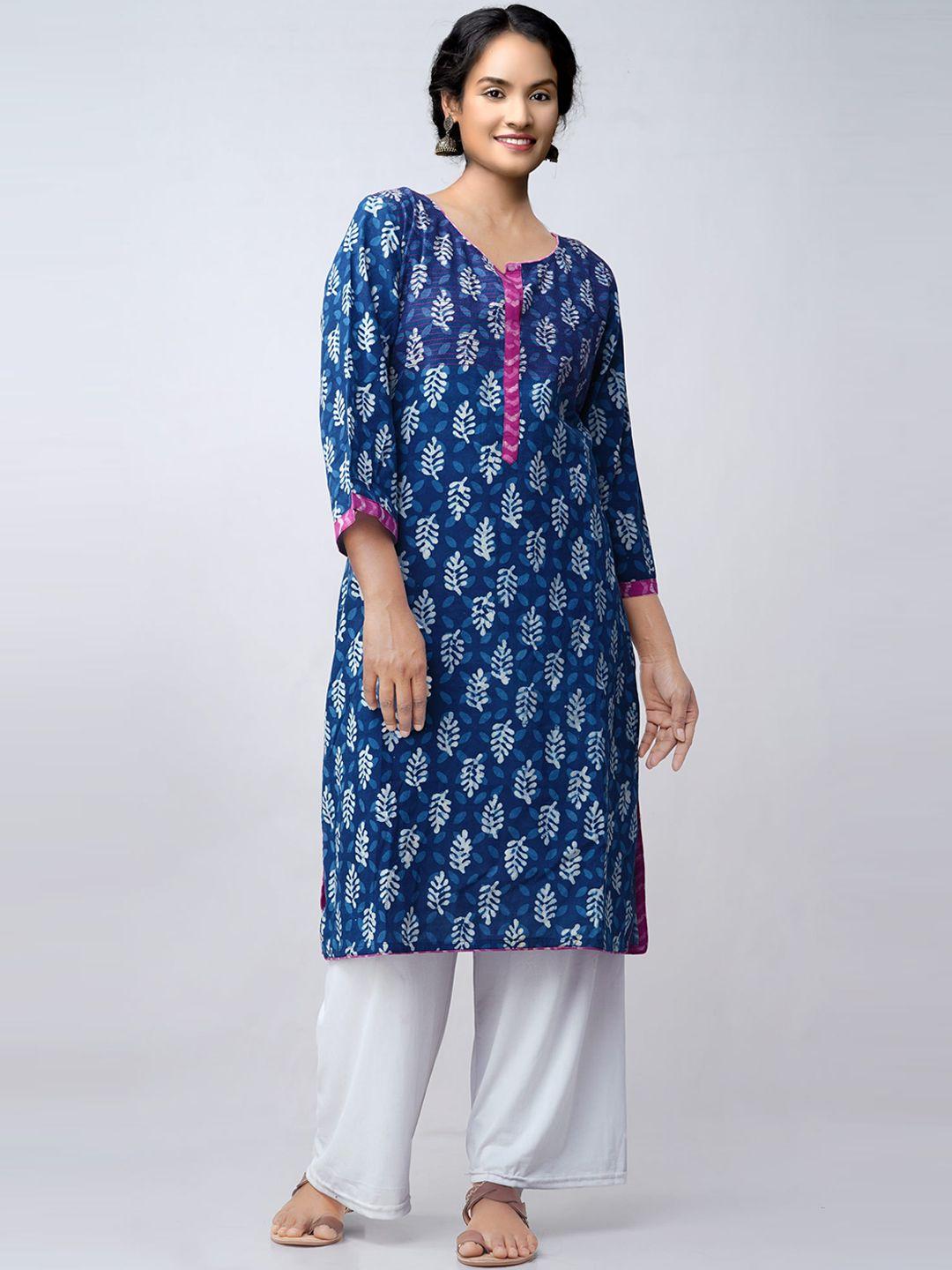 unnati silks women blue & white floral printed pure cotton handloom kurta