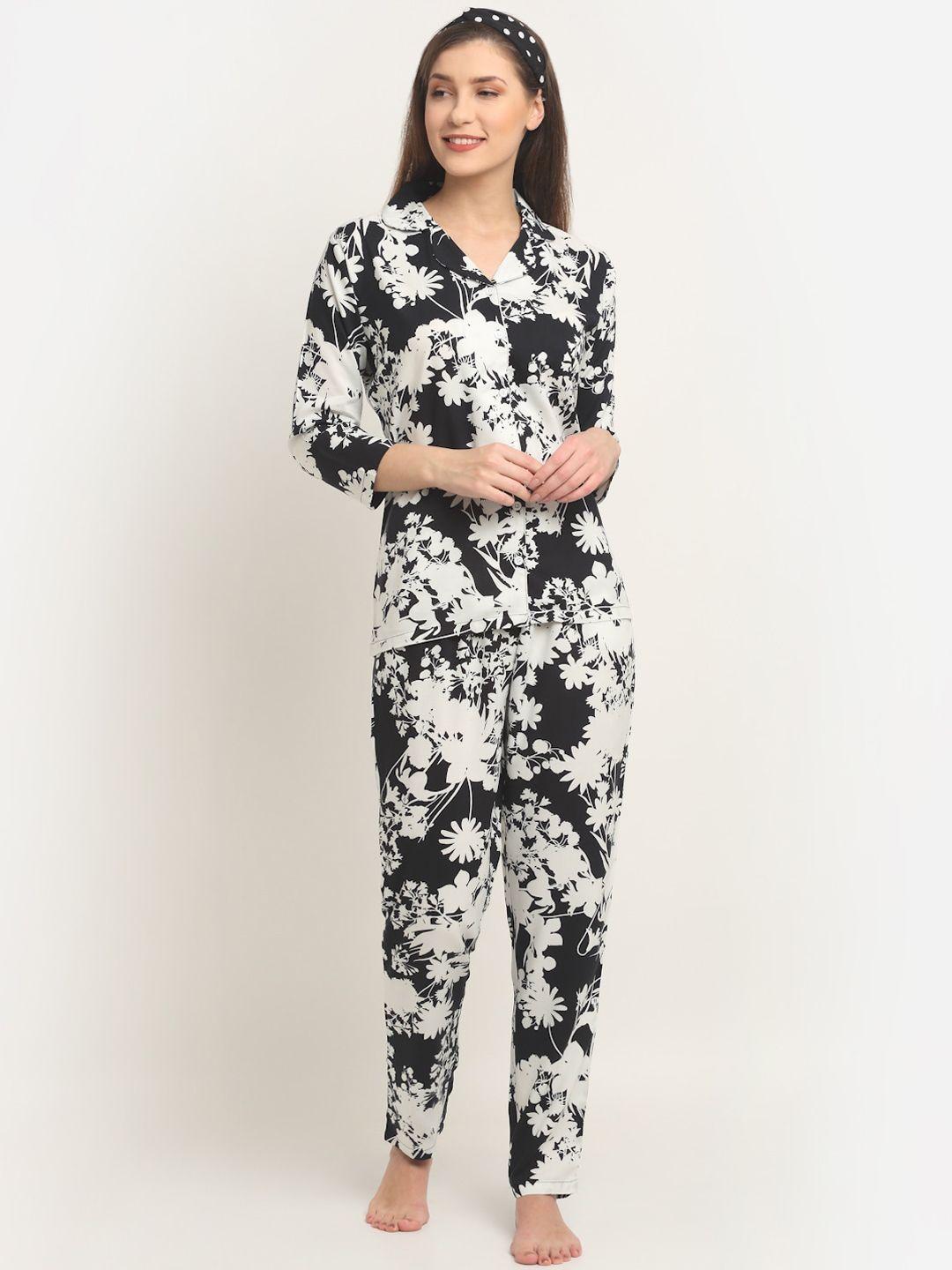 claura women black & white printed cotton night suit