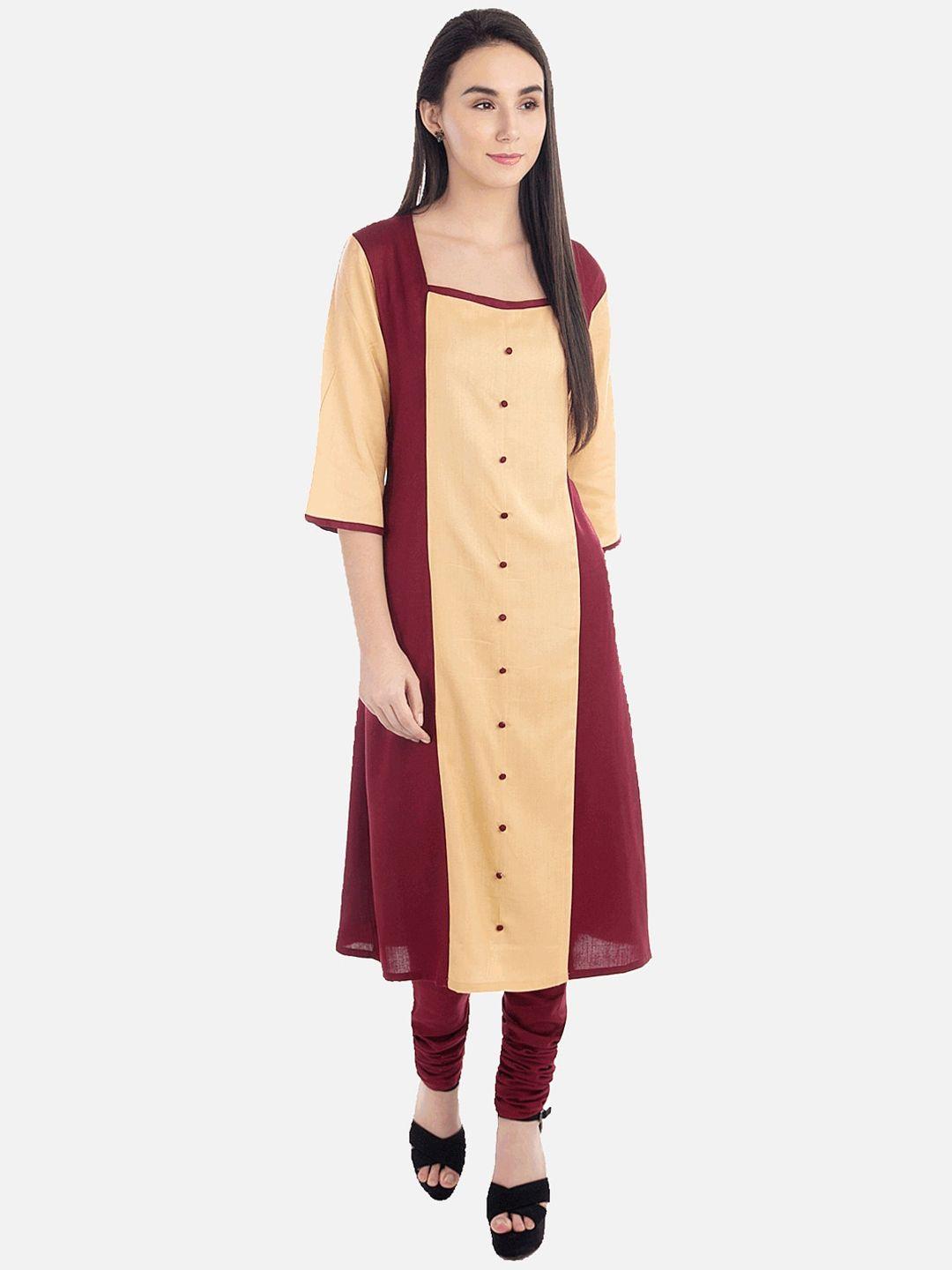 kalini women beige & maroon colourblocked kurta