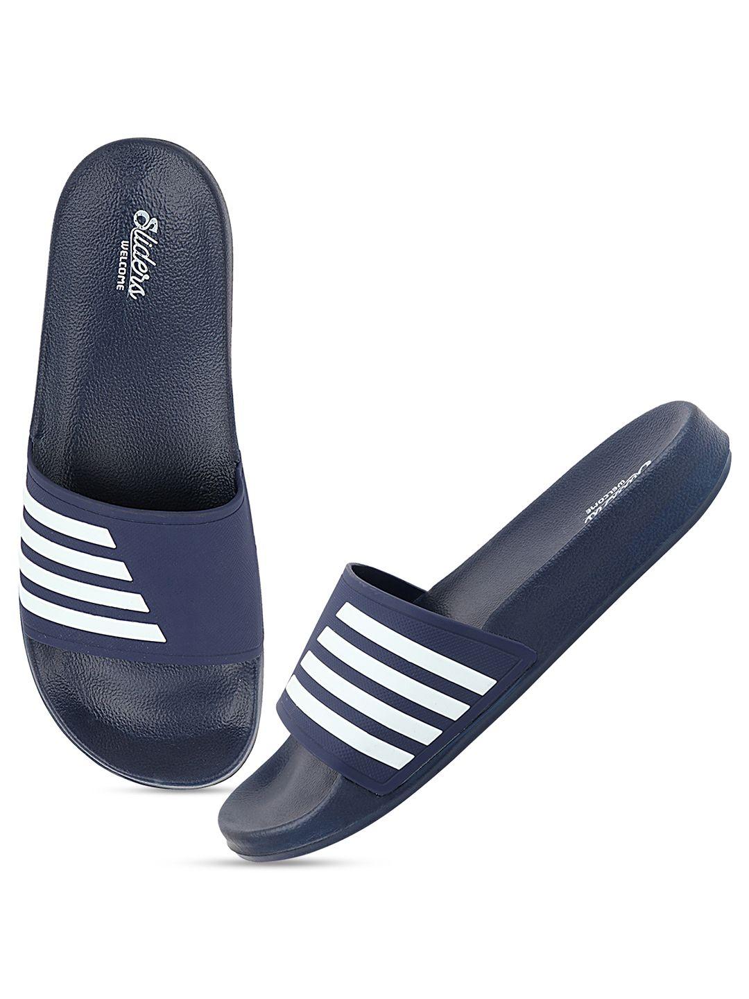 welcome men blue & white striped sliders