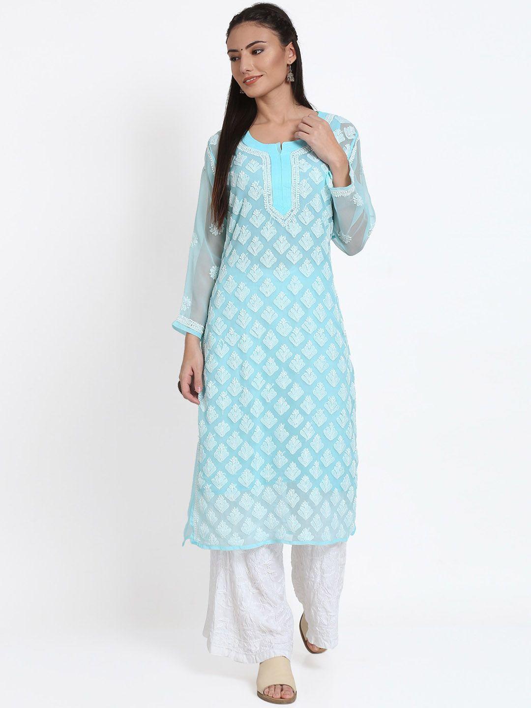 paramount chikan women turquoise blue & white floral embroidered chikankari georgette kurta