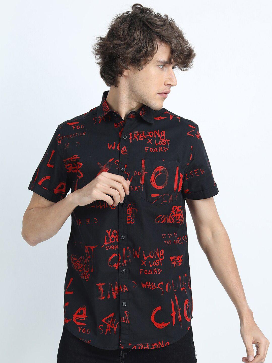 highlander men black & red slim fit printed cotton casual shirt