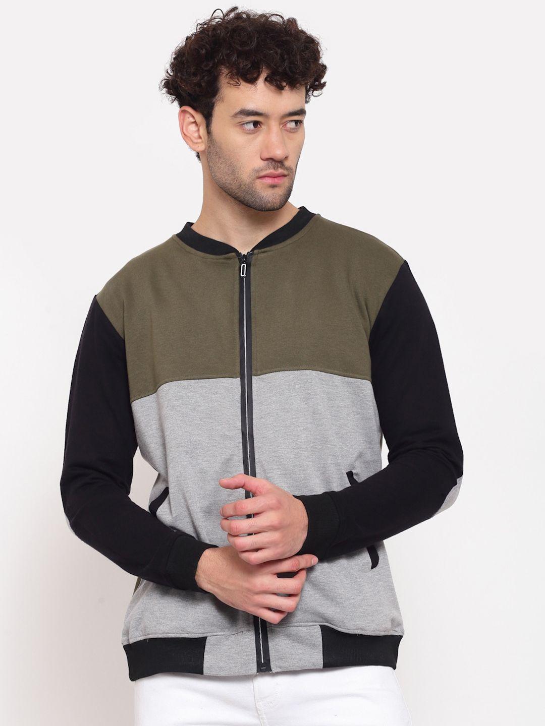 pause sport men grey olive green colourblocked fleece lightweight antimicrobial outdoor bomber jacket