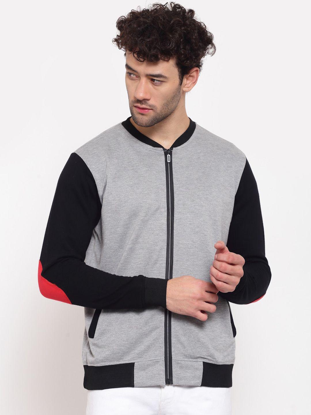 pause sport men grey & black colourblocked fleece lightweight antimicrobial bomber jacket