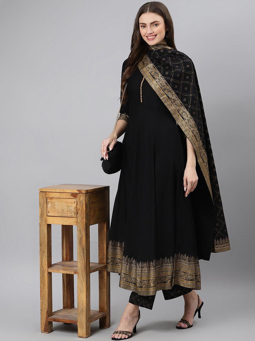 khushal k women black ethnic motifs printed kurta with palazzos & with dupatta