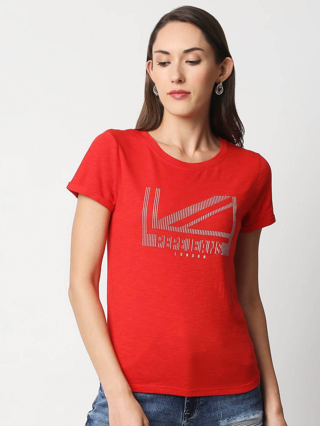 pepe jeans women red printed cotton t-shirt