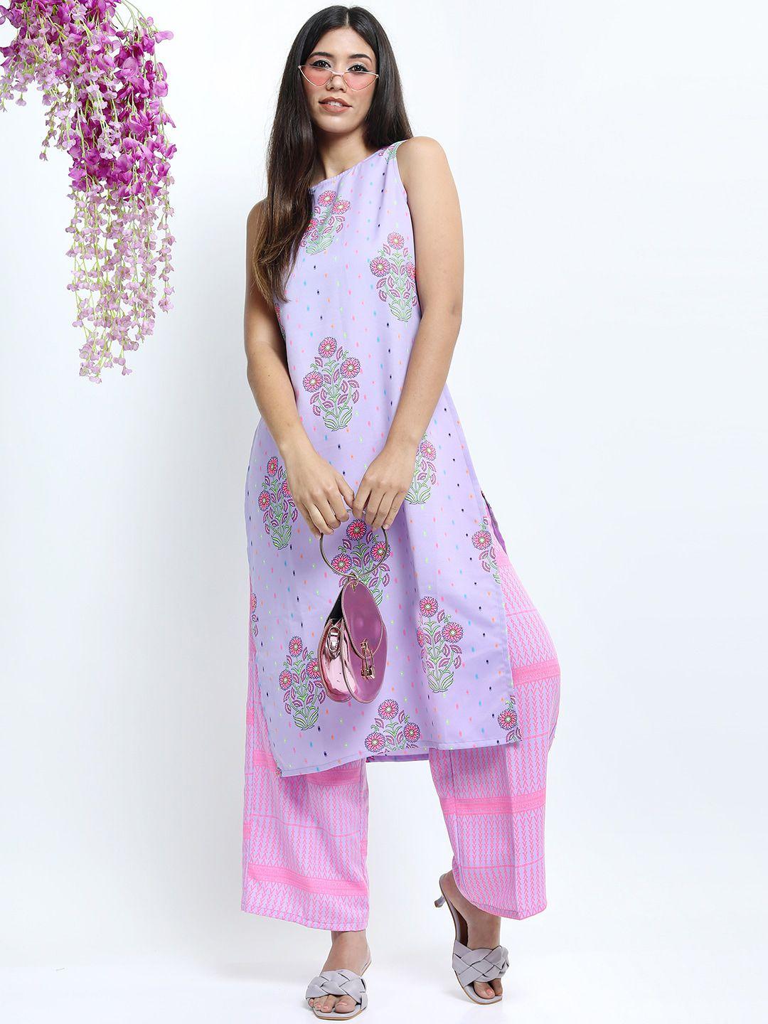 vishudh women mauve printed layered kurta with palazzos