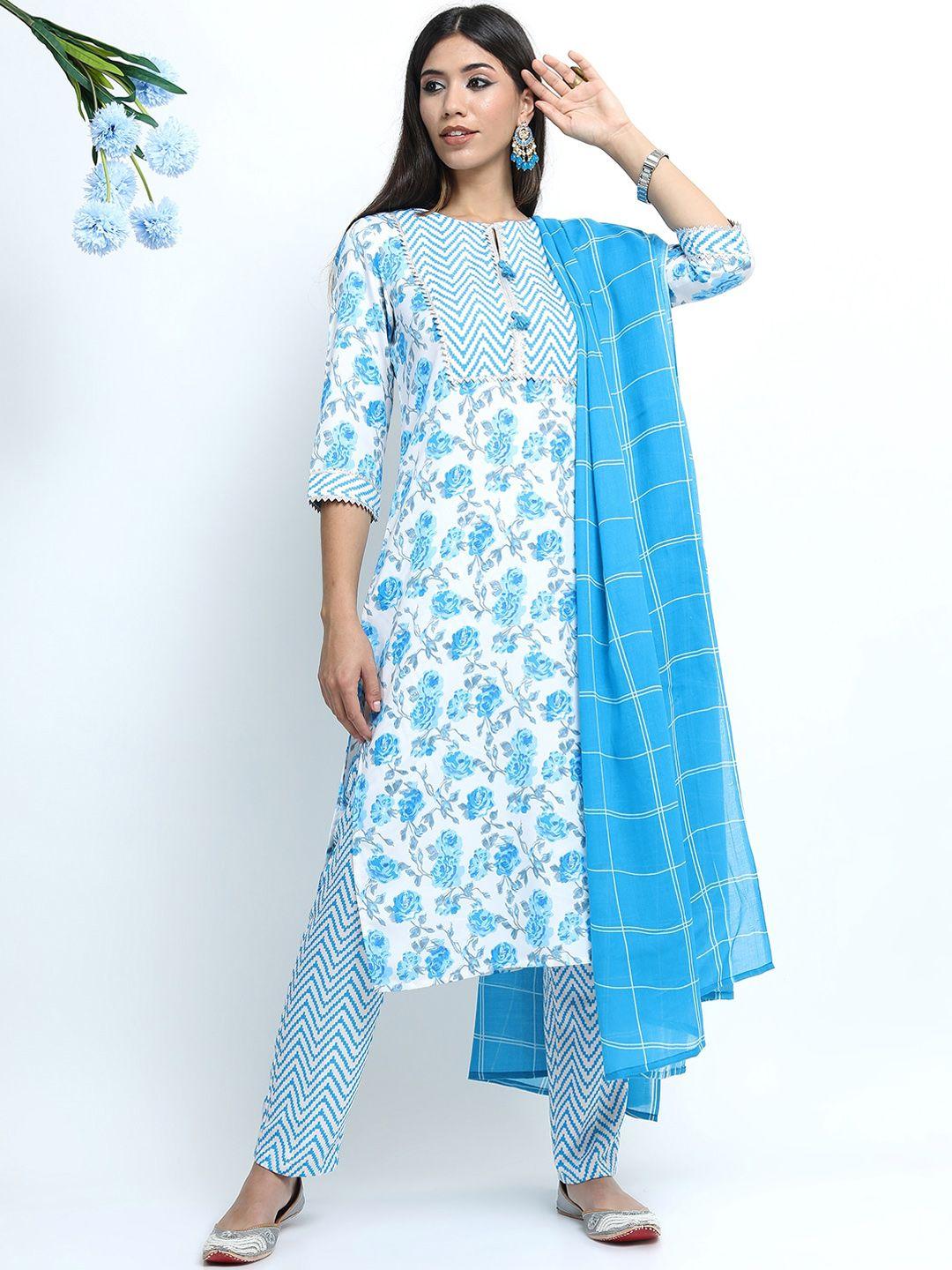 vishudh women off white floral printed kurta with trousers & dupatta