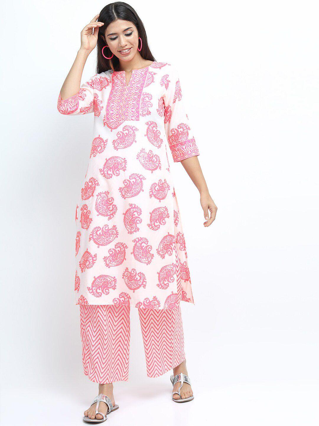 vishudh women off white & pink ethnic motifs printed kurta with palazzos