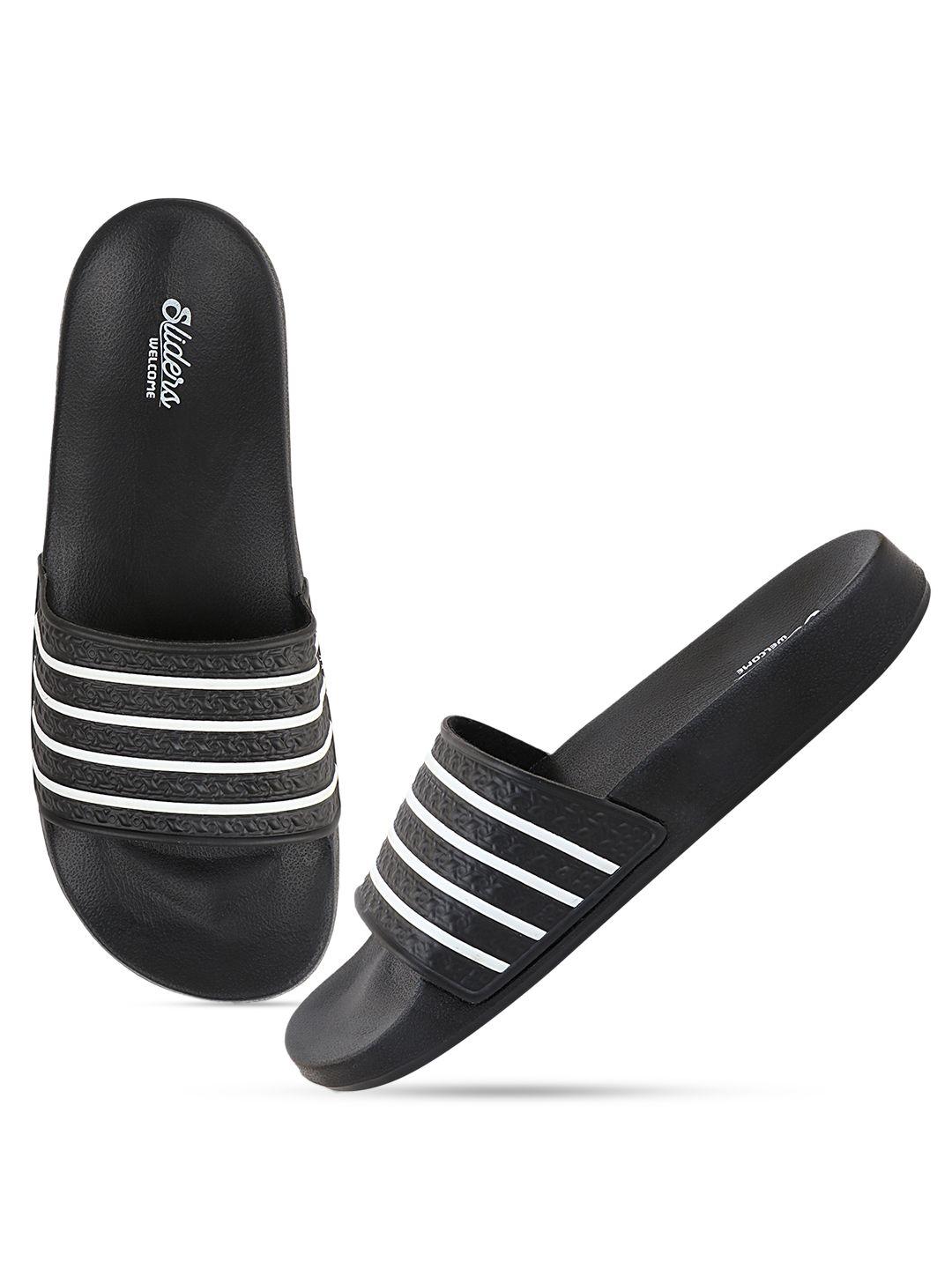 welcome men black & white striped sliders