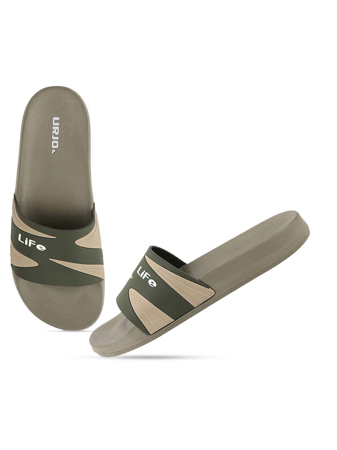 welcome men olive green & beige printed sliders