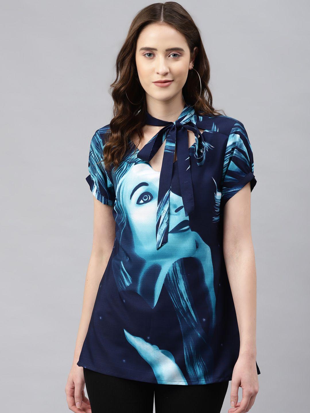 aayusika blue graphic print top with tie up detail