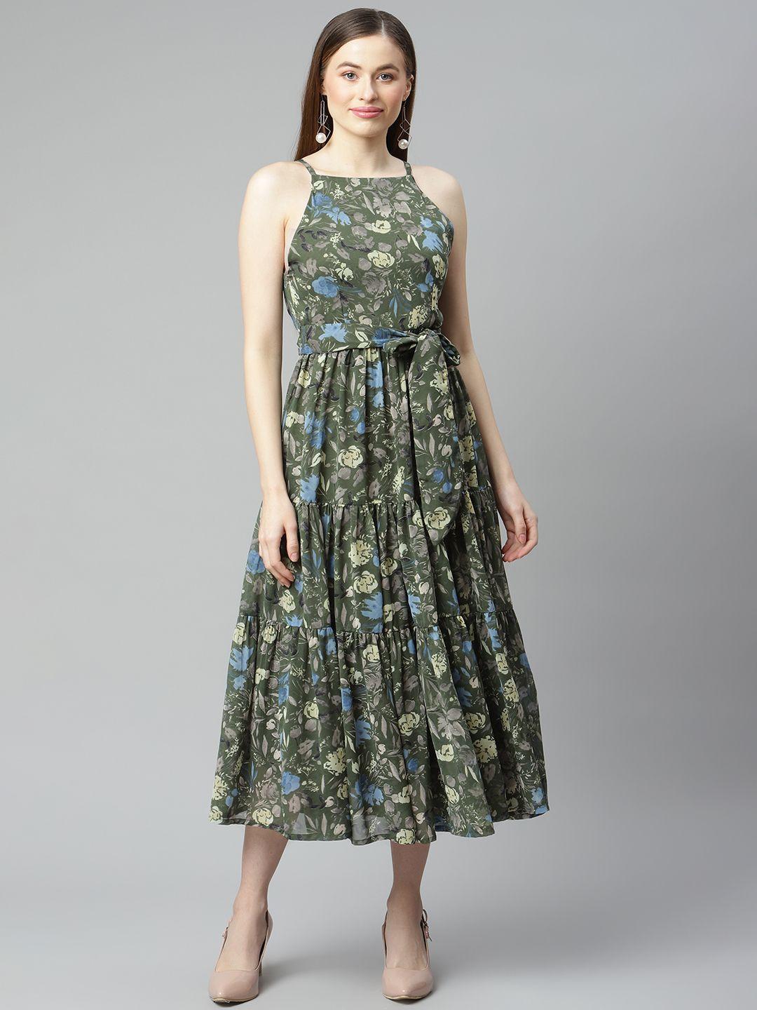 pluss green & blue floral printed a-line midi tiered dress