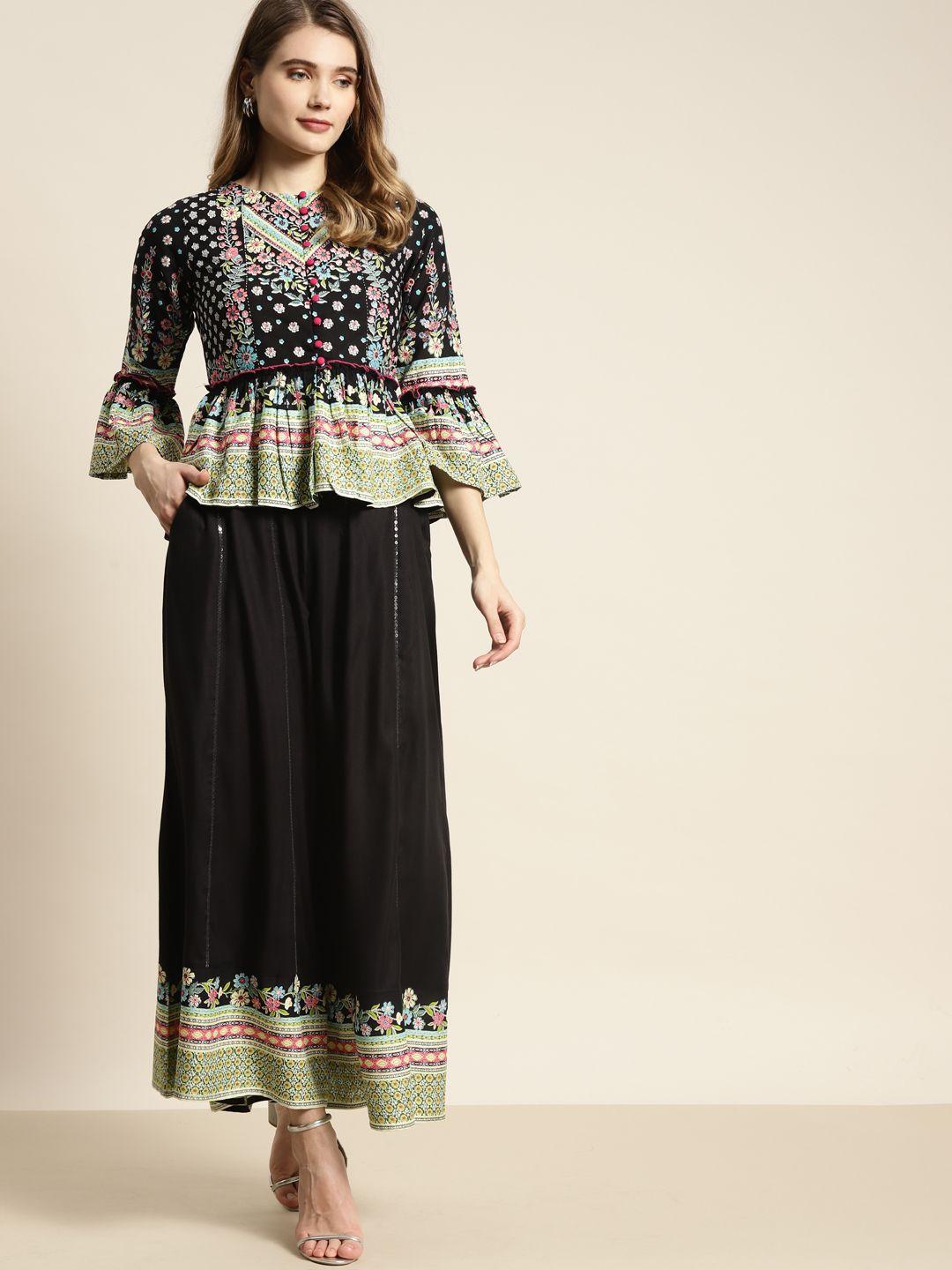 juniper women black & green ethnic motifs print sequinned ruffled co-ord set