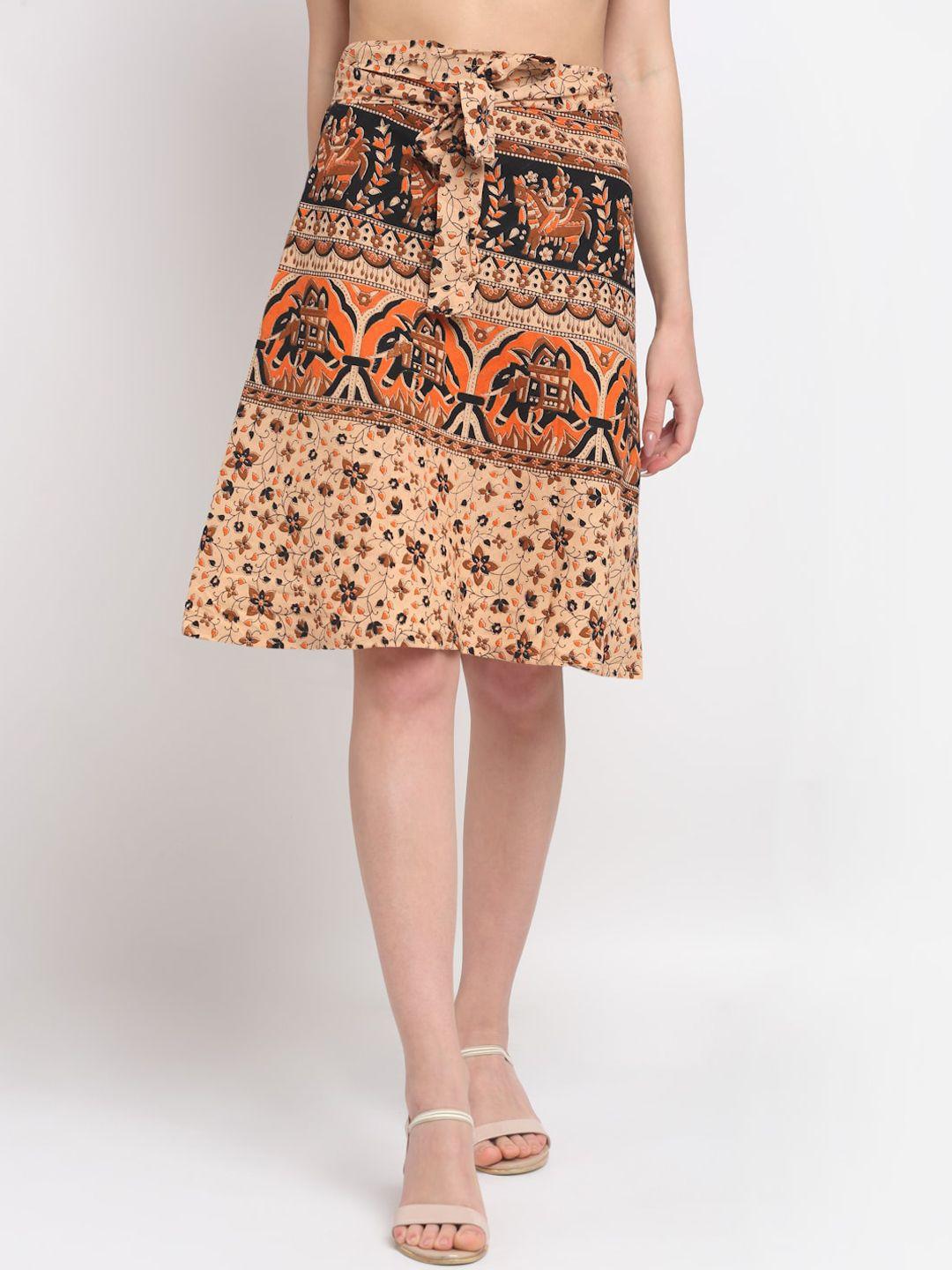 soundarya woman beige & black printed pure cotton knee-length skirt