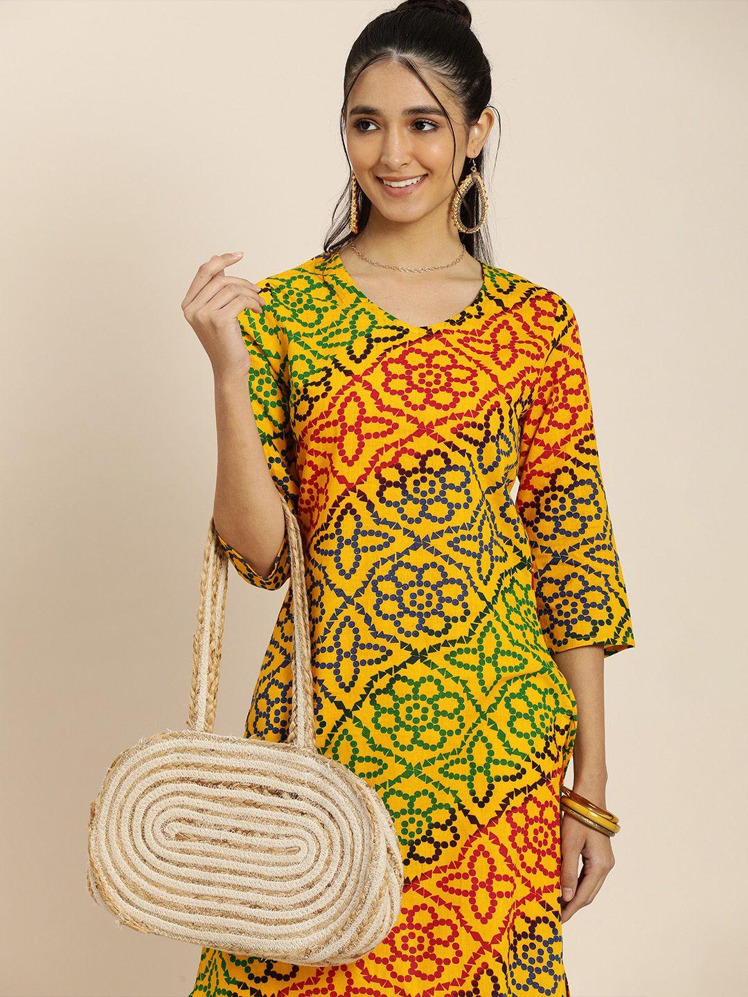 sangria women yellow pure cotton bandhani printed kurta with trousers