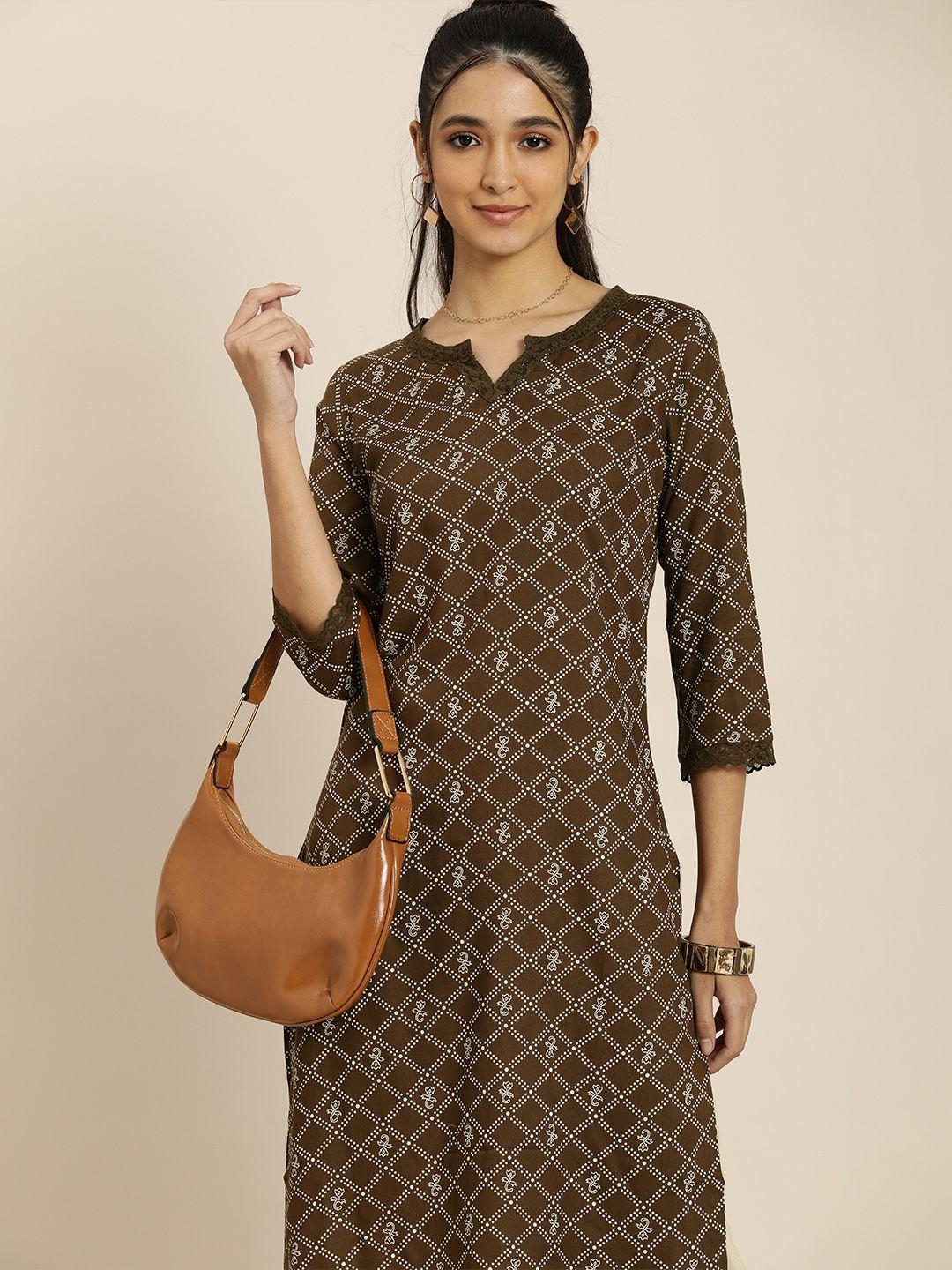 sangria women brown geometric printed kurta with trousers