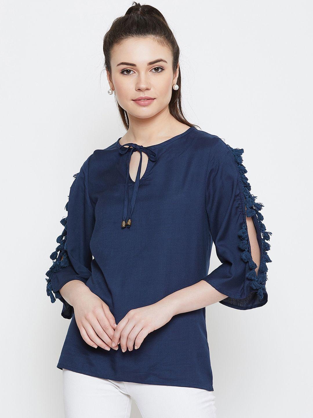 la zoire navy blue tie-up neck top