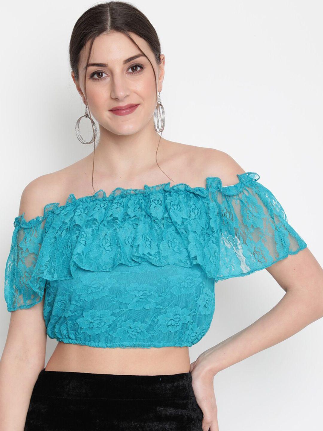 akimia teal off-shoulder lace bardot crop top