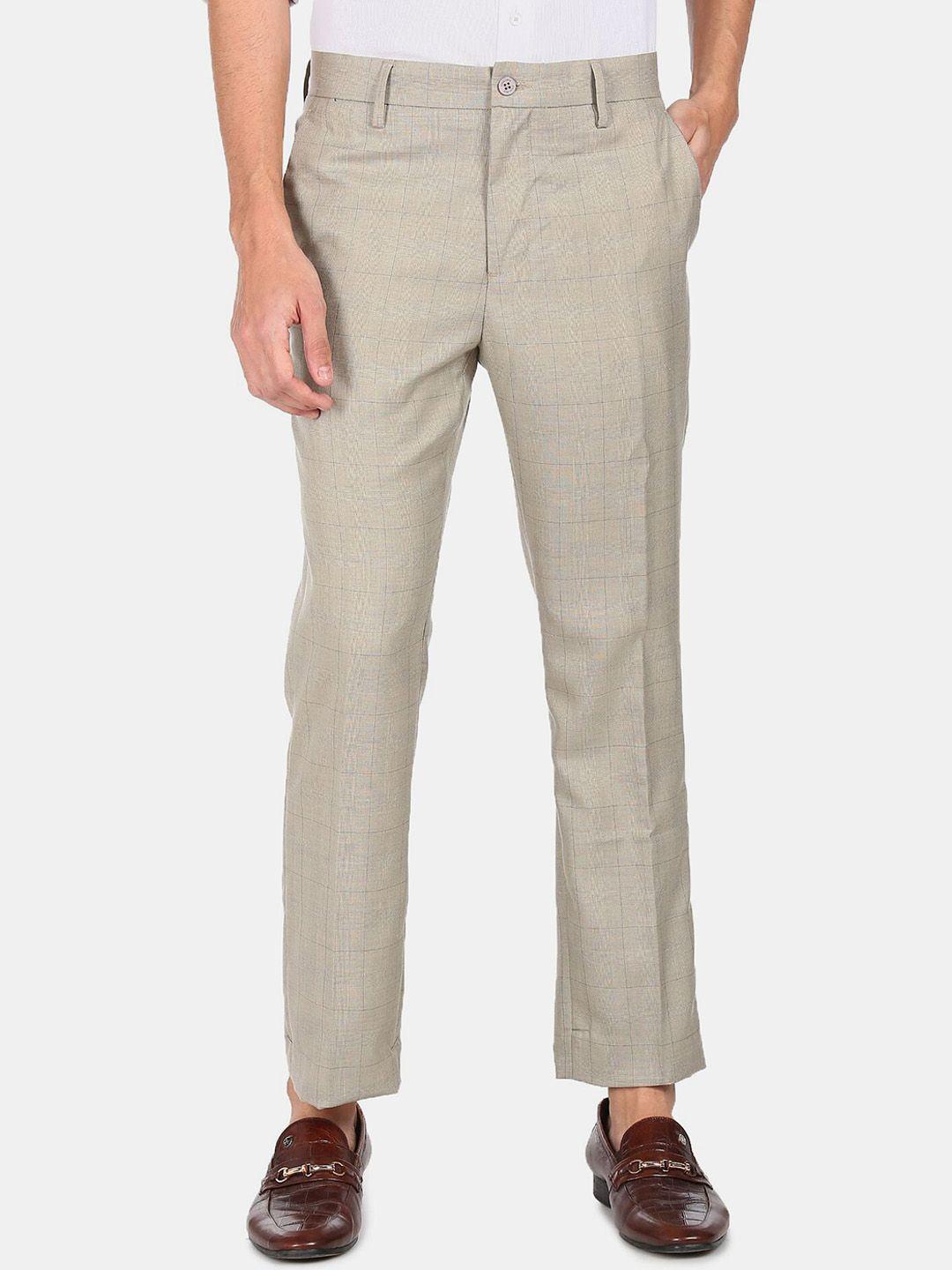 excalibur men beige checked regular fit trousers