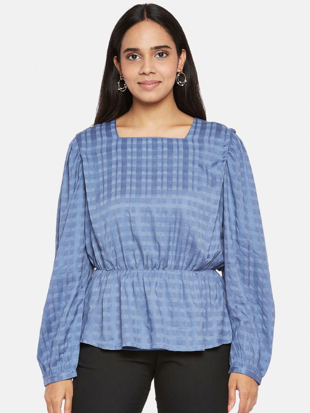 annabelle by pantaloons blue checked cinched waist top