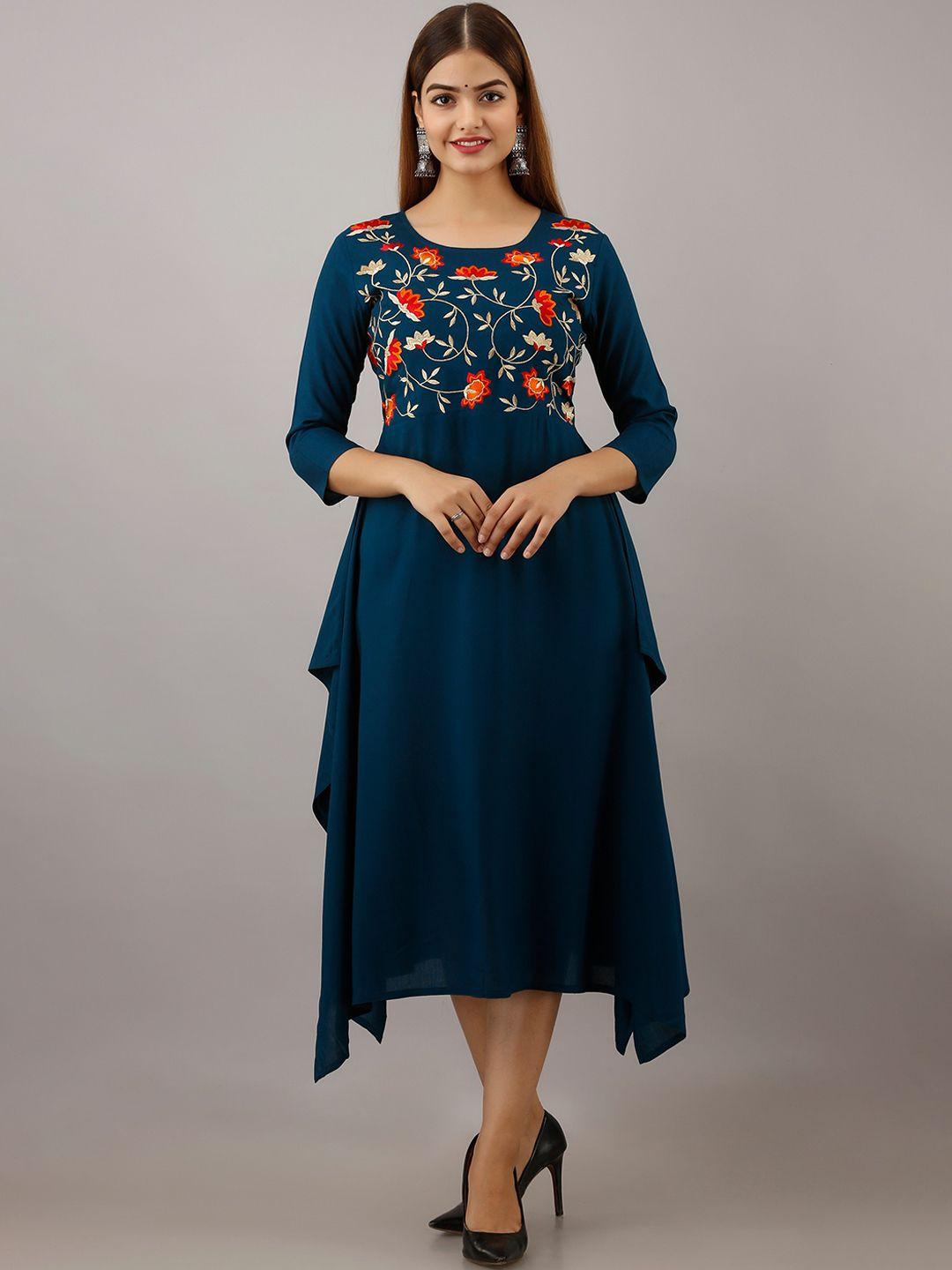 women touch blue floral embroidered ethnic midi fit & flare dress