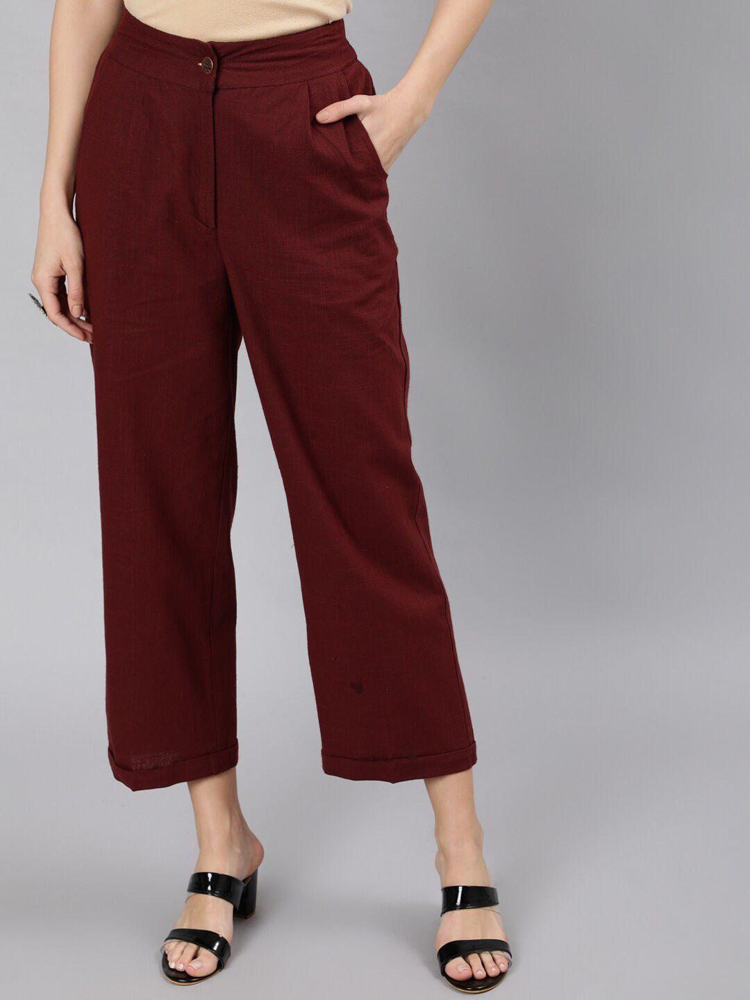 jaipur kurti women maroon straight fit high-rise pleated trousers