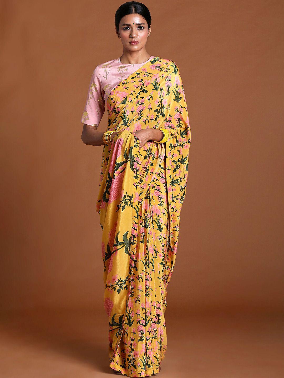 masaba yellow & green floral pure crepe saree