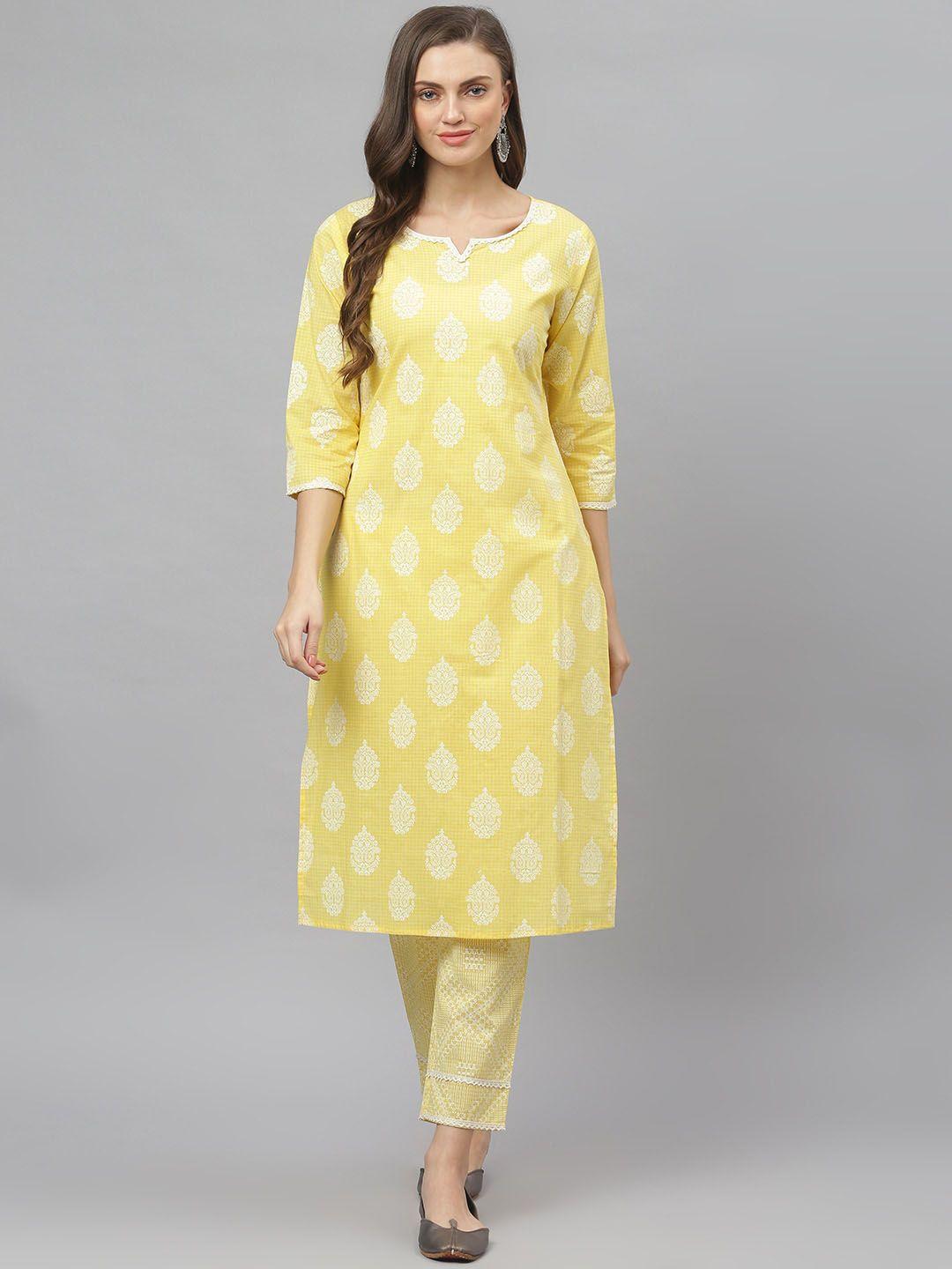 stylum women mustard yellow ethnic motifs printed kurta with trousers