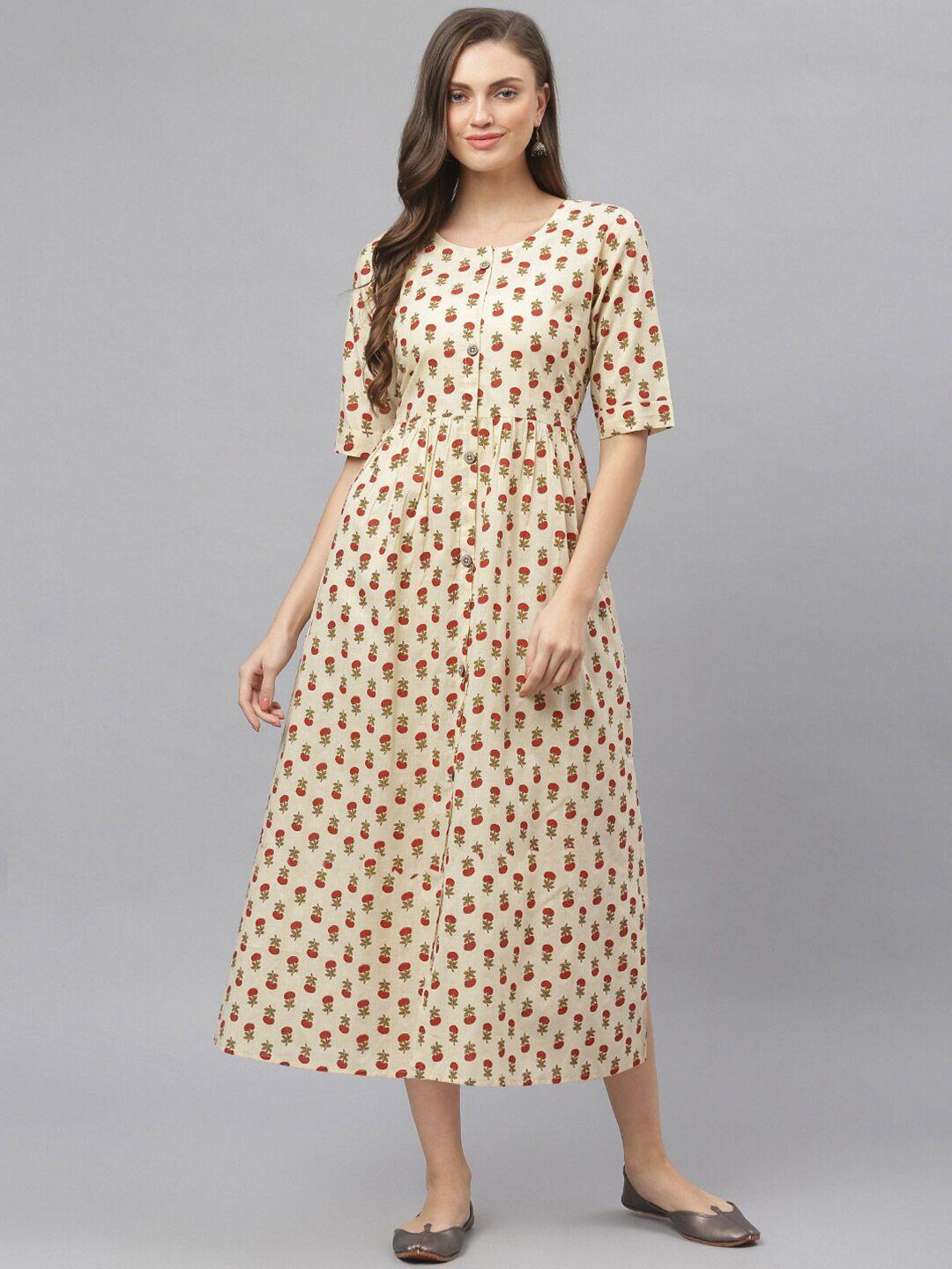 stylum beige & red cotton ethnic motifs print a-line midi dress