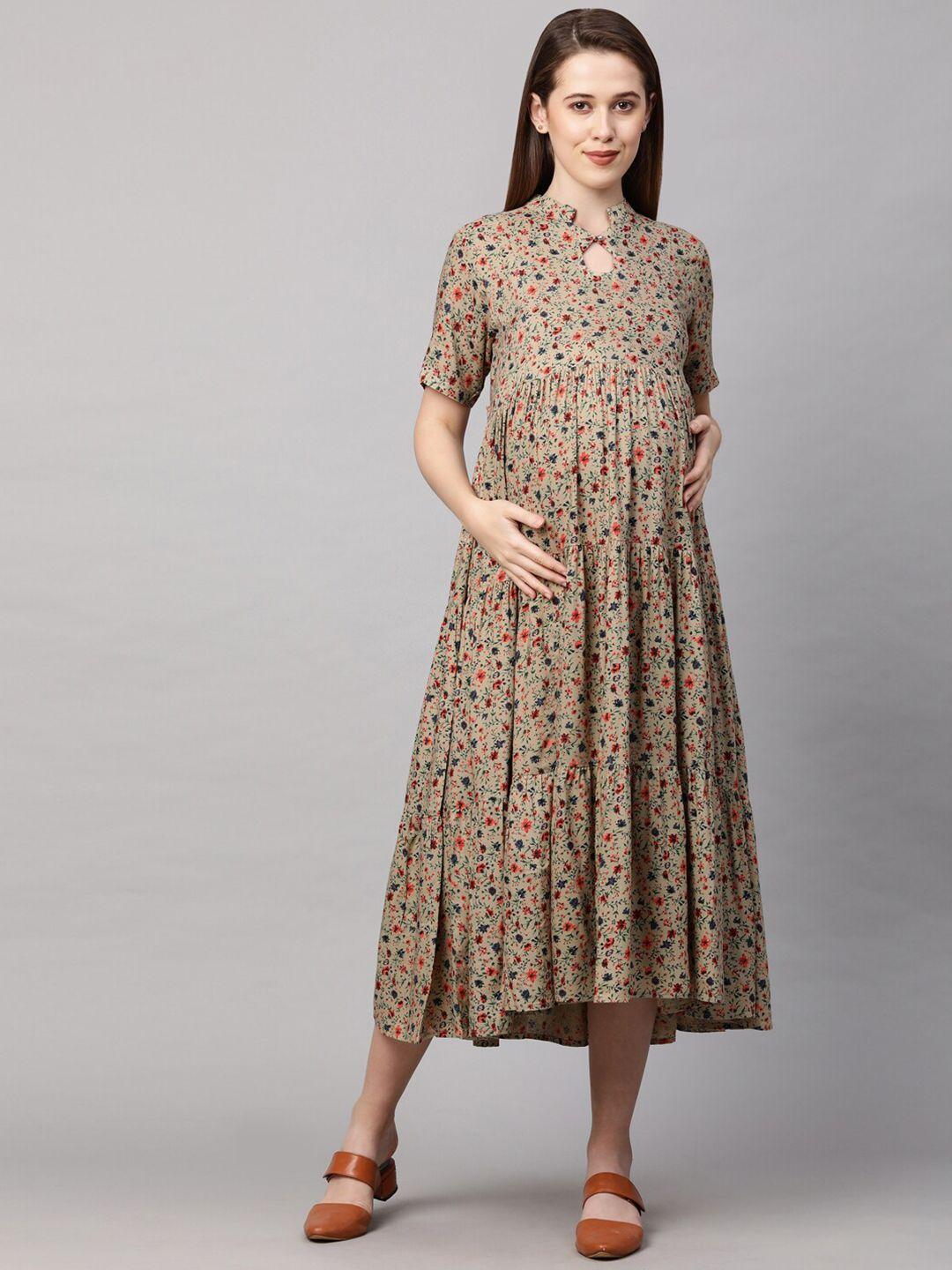 momtobe beige floral maternity fit and flare midi nursing dress