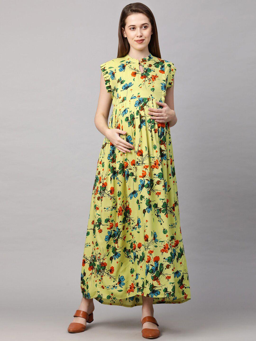 momtobe yellow & red floral printed maternity nursing maxi dress