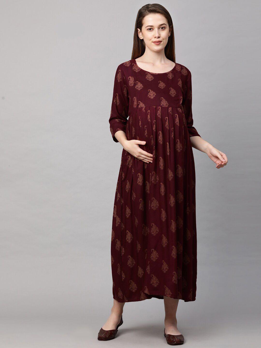 momtobe maroon & beige ethnic motifs printed maternity nursing maxi dress