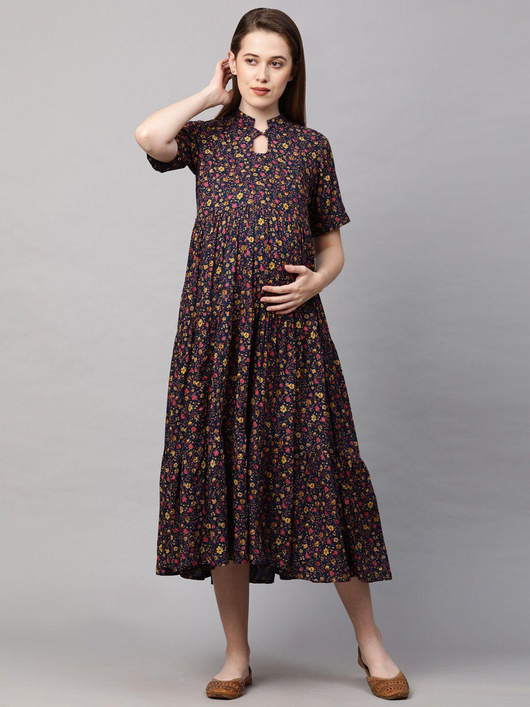 momtobe navy blue & yellow floral printed maternity a-line midi nursing dress